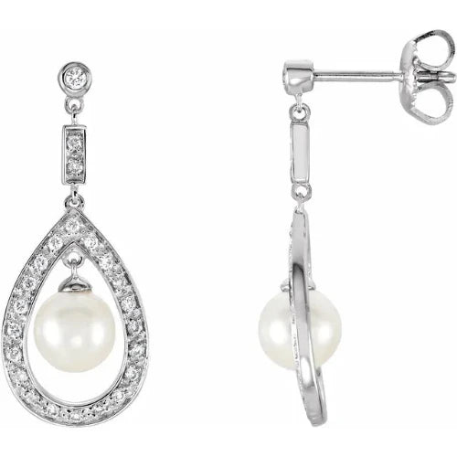 Cultured Freshwater Pearl and 1/4 CtDiamond Earrings
