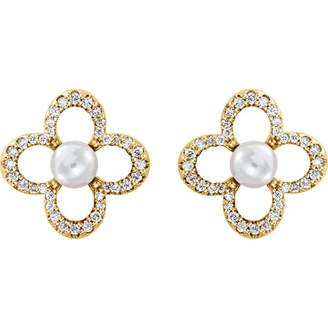 Quatrafoil Freshwater Pearl and Diamond Earrings