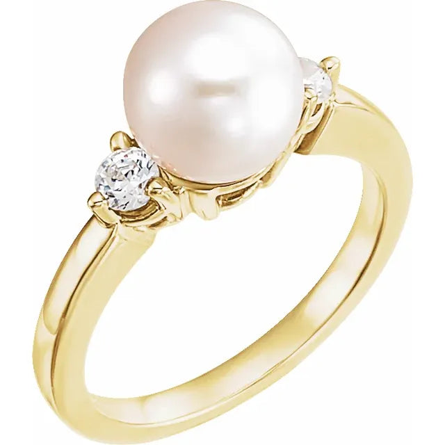 Cultured White Akoya Pearl and 1/4 Ct Diamond Ring
