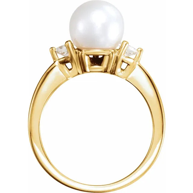 Cultured White Akoya Pearl and 1/4 Ct Diamond Ring