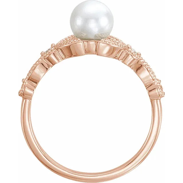 Cultured Freshwater Pearl and Diamond Leaf Ring