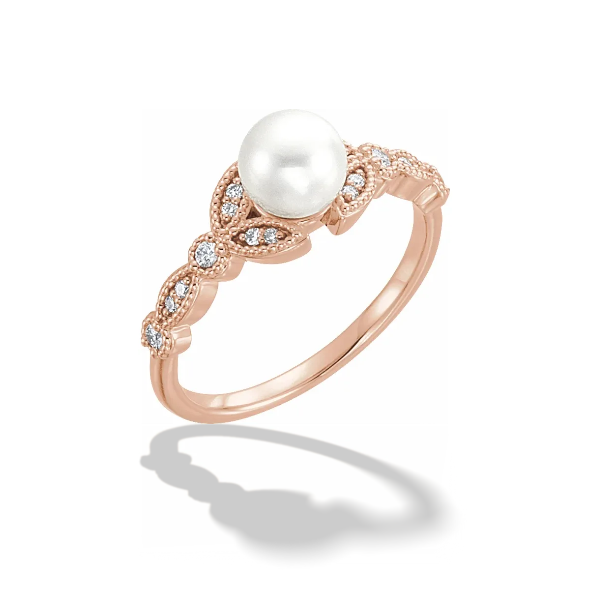 Cultured Freshwater Pearl and Diamond Leaf Ring