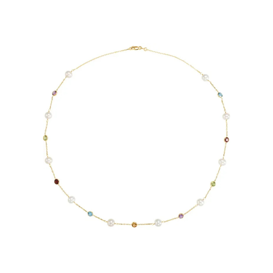 Cultured Freshwater Pearl and Multi-Gemstone Station Necklace