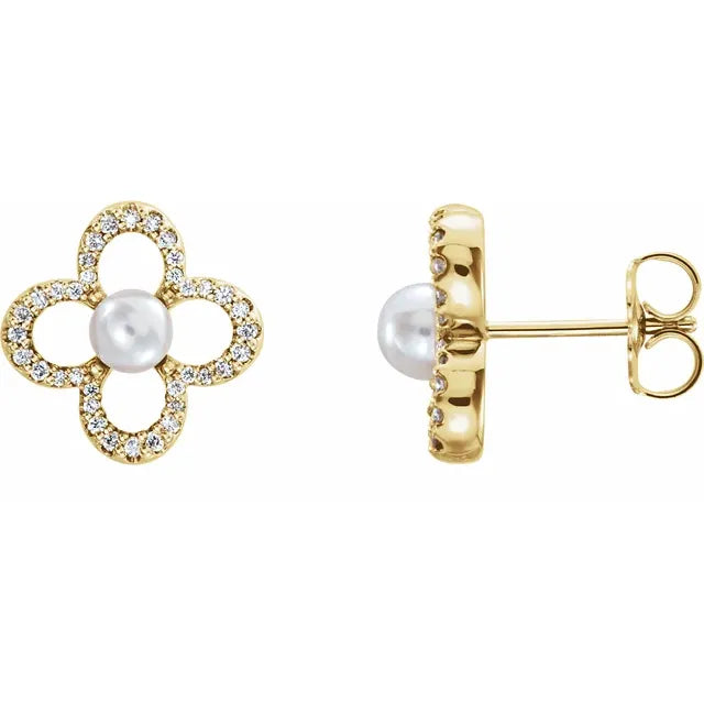 Quatrafoil Freshwater Pearl and Diamond Earrings