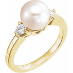 Cultured White Akoya Pearl and 1/4 Ct Diamond Ring