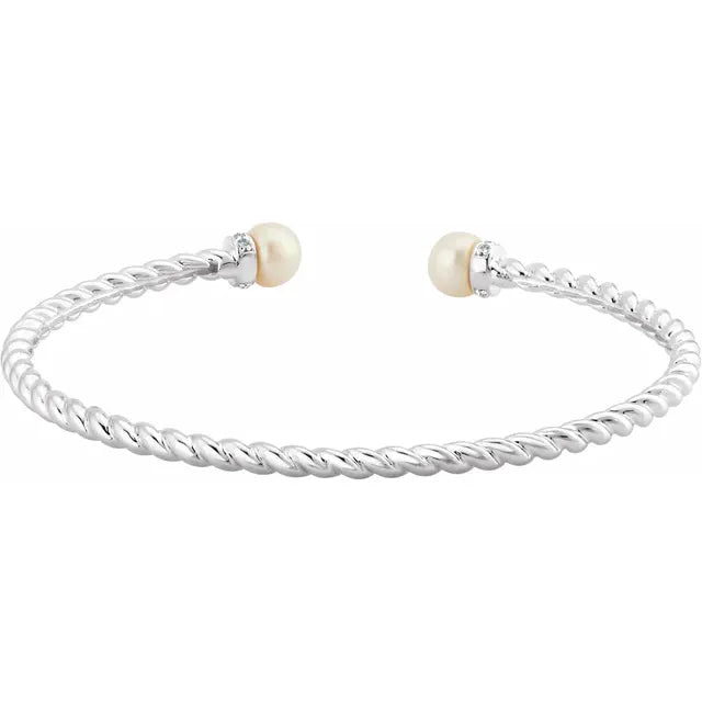 14k Solid Gold Cultured Freshwater Pearl and Diamond Cuff Bracelet