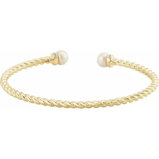 14k Solid Gold Cultured Freshwater Pearl and Diamond Cuff Bracelet