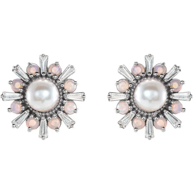 Cultured Akoya Pearl, Opal and Diamond Earrings