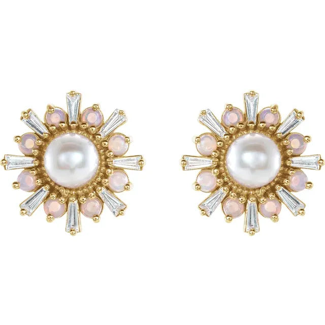 Cultured Akoya Pearl, Opal and Diamond Earrings